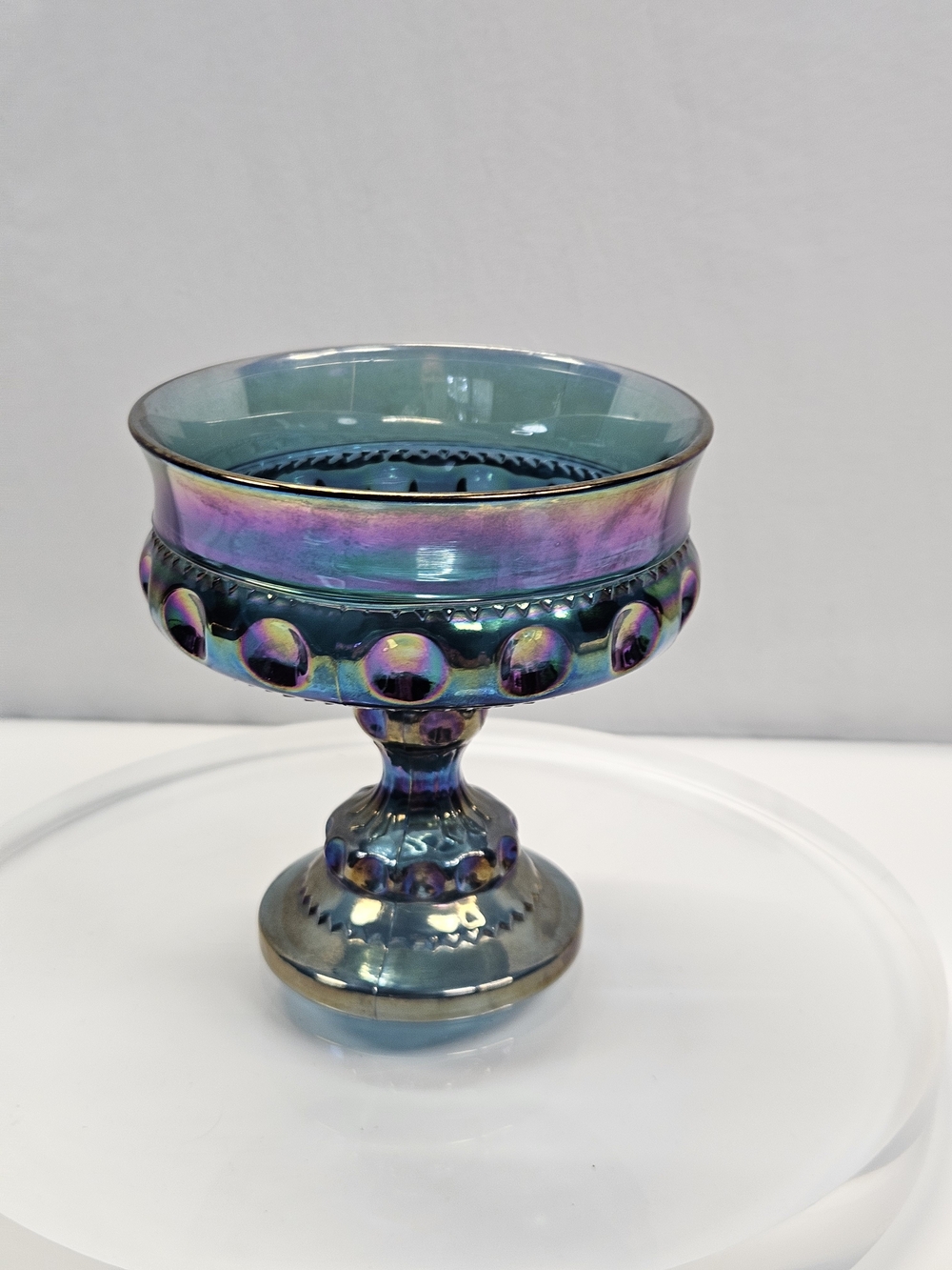 Vtg Indiana Glass Kings Crown Blue Carnival Glass Pedestal Compote Candy Dish 5"